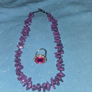 Purple Chip Bead Necklace with Fuchsia Stone Ring - Unbranded